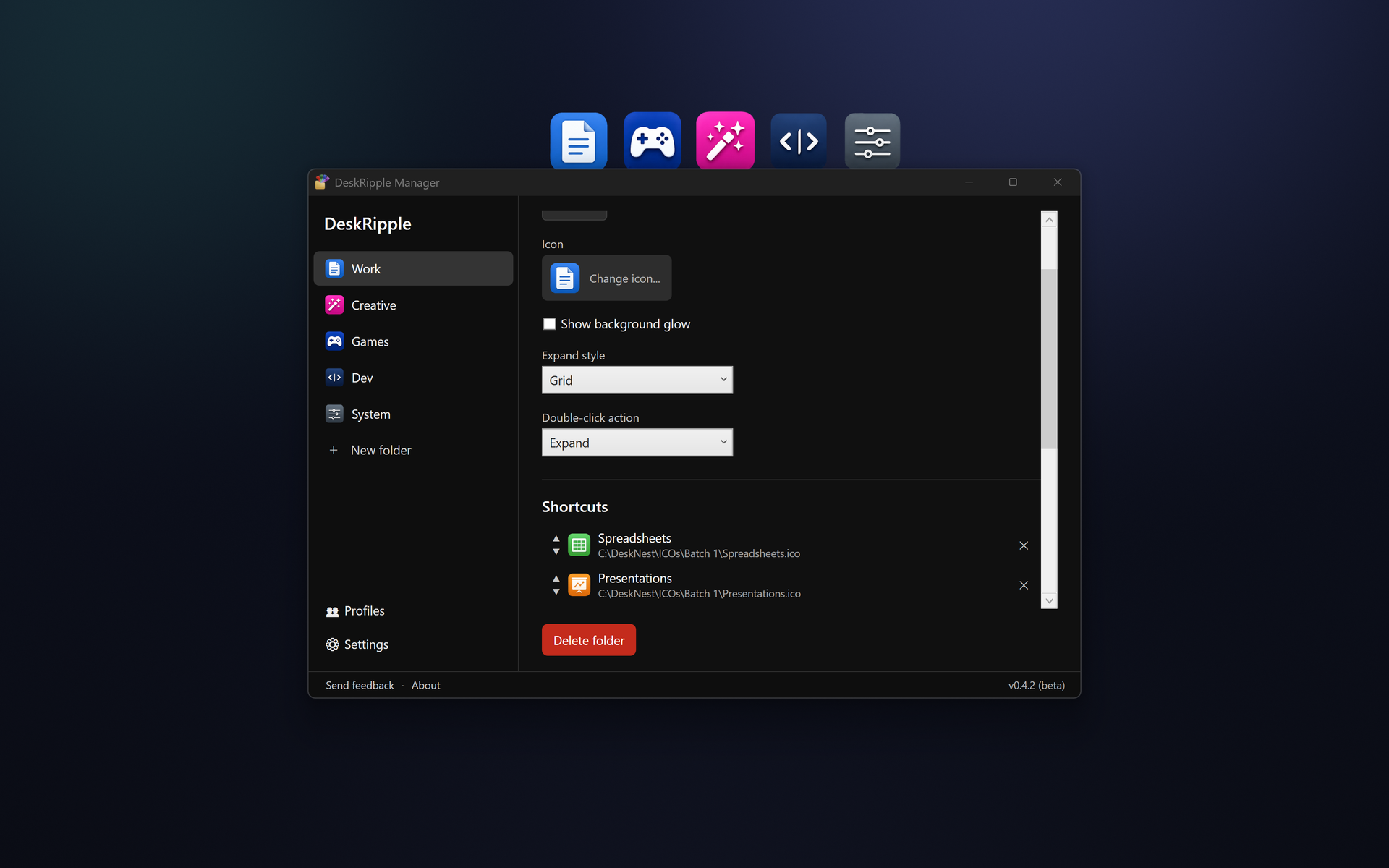 The DeskRipple Manager window showing profiles, a folder's expand-style dropdown, and its shortcut list